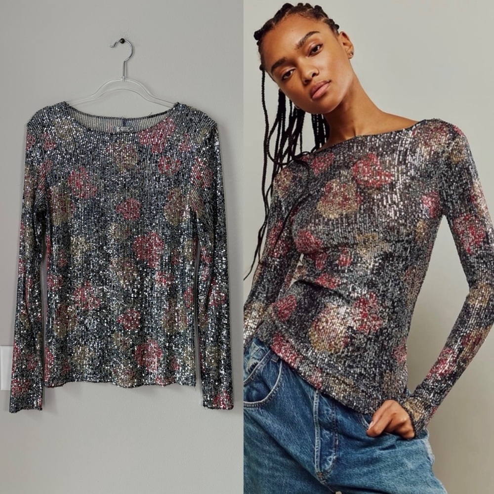 Intimately Free People Gold Rush Floral Sequin Long Sleeve Tee